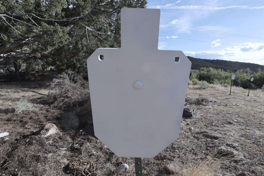 IPSC steel silhouette on a T-post with more steel targets set farther downrange