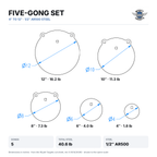 Dimensioned drawing: Five-Gong Set, 4 to 12-inch gongs shown to the same scale, 40.6 lb total, 1/2-inch AR500 steel