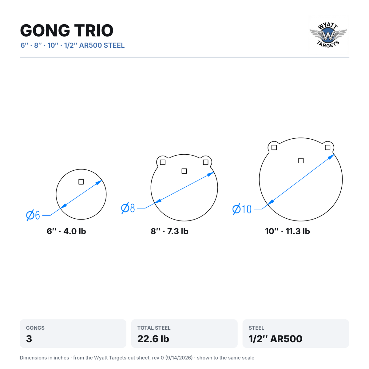 Dimensioned drawing: Gong Trio, 6, 8 and 10-inch gongs shown to the same scale, 22.6 lb total, 1/2-inch AR500 steel