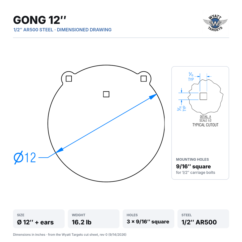 Dimensioned drawing: 12-inch gong, 12-inch diameter plus hanger ears, 16.2 lb, three 9/16-inch square mounting holes, 1/2-inch AR500 steel