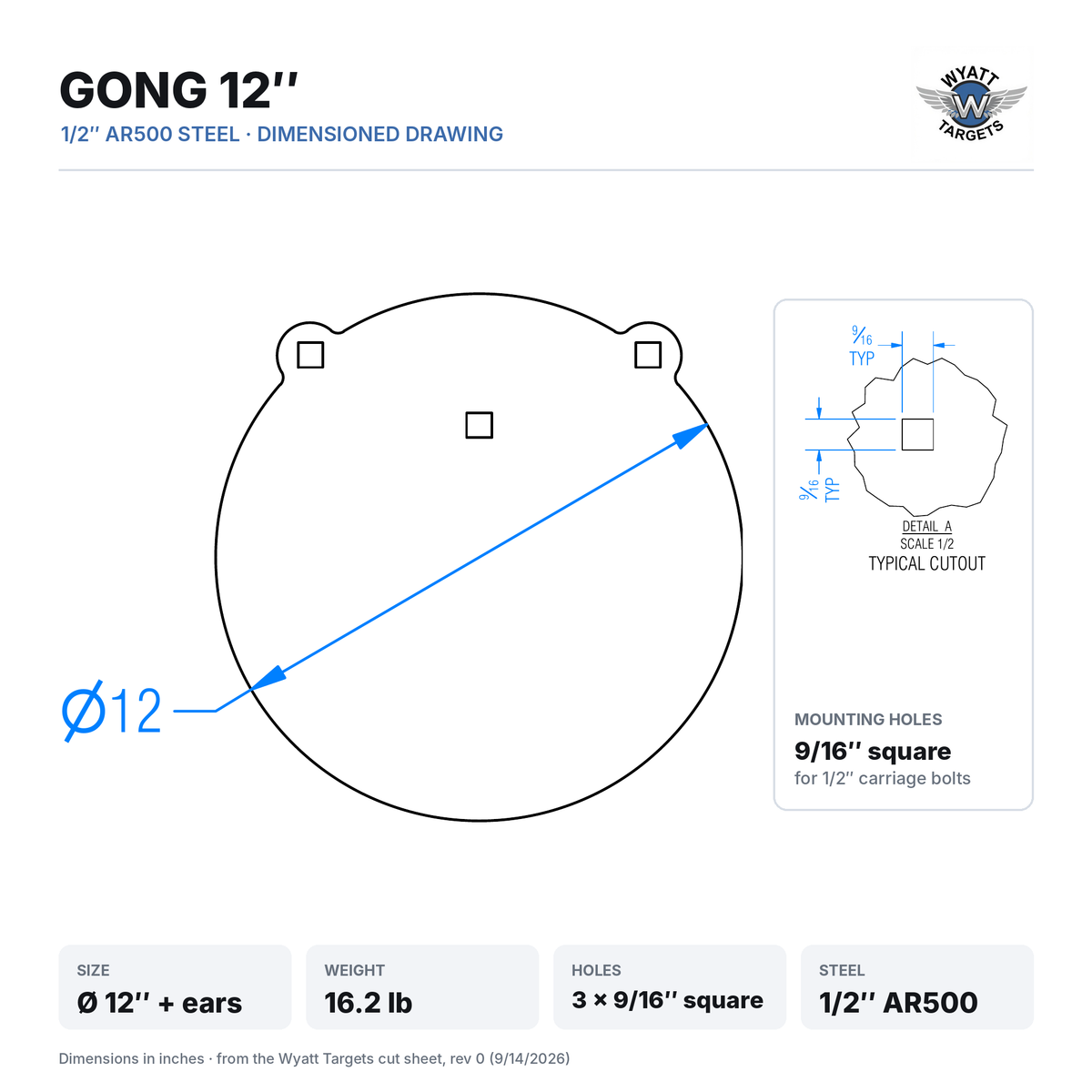 Dimensioned drawing: 12-inch gong, 12-inch diameter plus hanger ears, 16.2 lb, three 9/16-inch square mounting holes, 1/2-inch AR500 steel