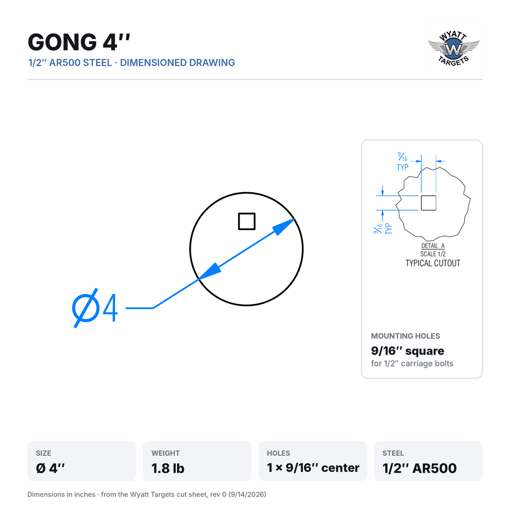 Dimensioned drawing: 4-inch gong, 4-inch diameter, 1.8 lb, one 9/16-inch square center hole, 1/2-inch AR500 steel