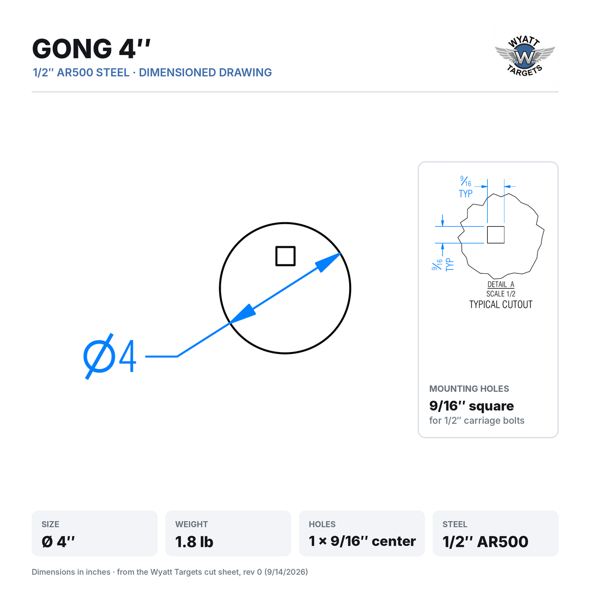 Dimensioned drawing: 4-inch gong, 4-inch diameter, 1.8 lb, one 9/16-inch square center hole, 1/2-inch AR500 steel