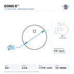 Dimensioned drawing: 6-inch gong, 6-inch diameter, 4.0 lb, one 9/16-inch square center hole, 1/2-inch AR500 steel