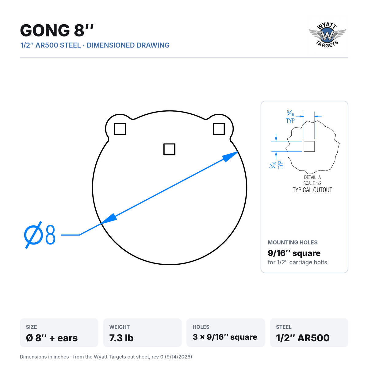 Dimensioned drawing: 8-inch gong, 8-inch diameter plus hanger ears, 7.3 lb, three 9/16-inch square mounting holes, 1/2-inch AR500 steel