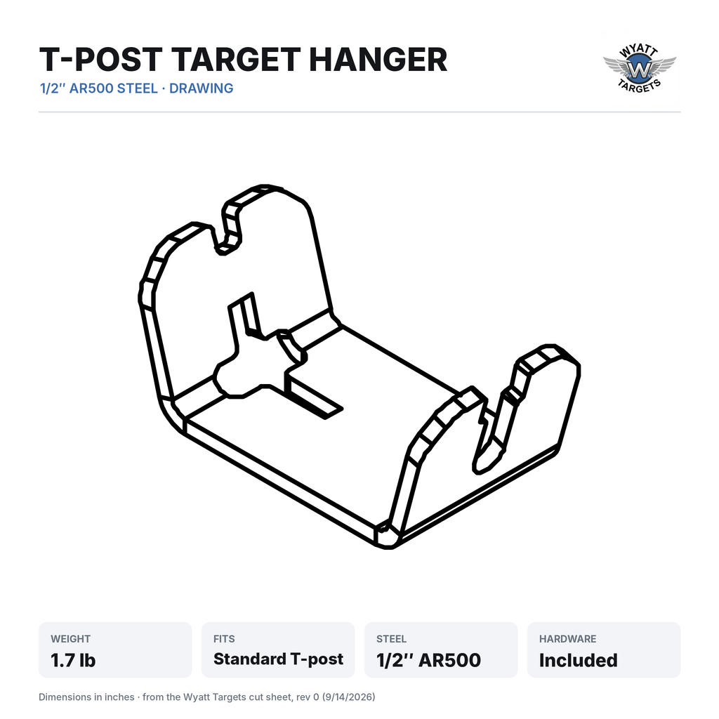 Drawing: T-post target hanger, 1/2-inch AR500 steel, 1.7 lb, fits a standard T-post, hardware included