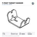 Drawing: T-post target hanger, 1/2-inch AR500 steel, 1.7 lb, fits a standard T-post, hardware included