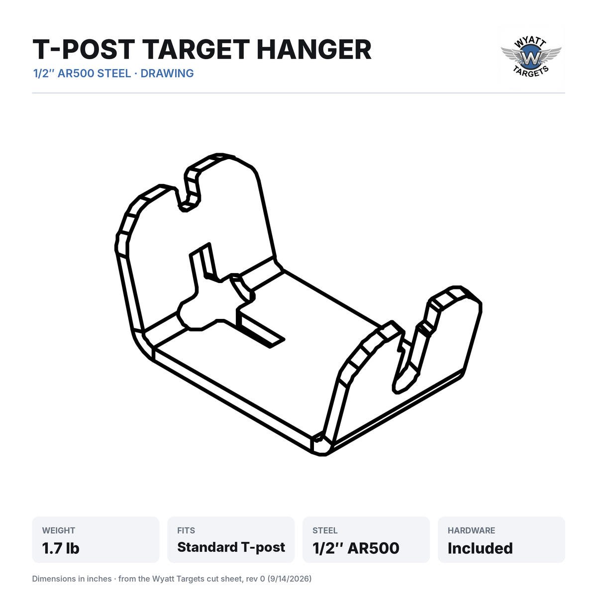 Drawing: T-post target hanger, 1/2-inch AR500 steel, 1.7 lb, fits a standard T-post, hardware included