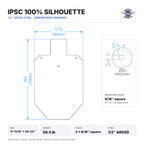 Dimensioned drawing: IPSC 100% silhouette, 17-11/16 x 29-1/2 inches (450 x 750 mm), 59.5 lb, three 9/16-inch square mounting holes, 1/2-inch AR500 steel