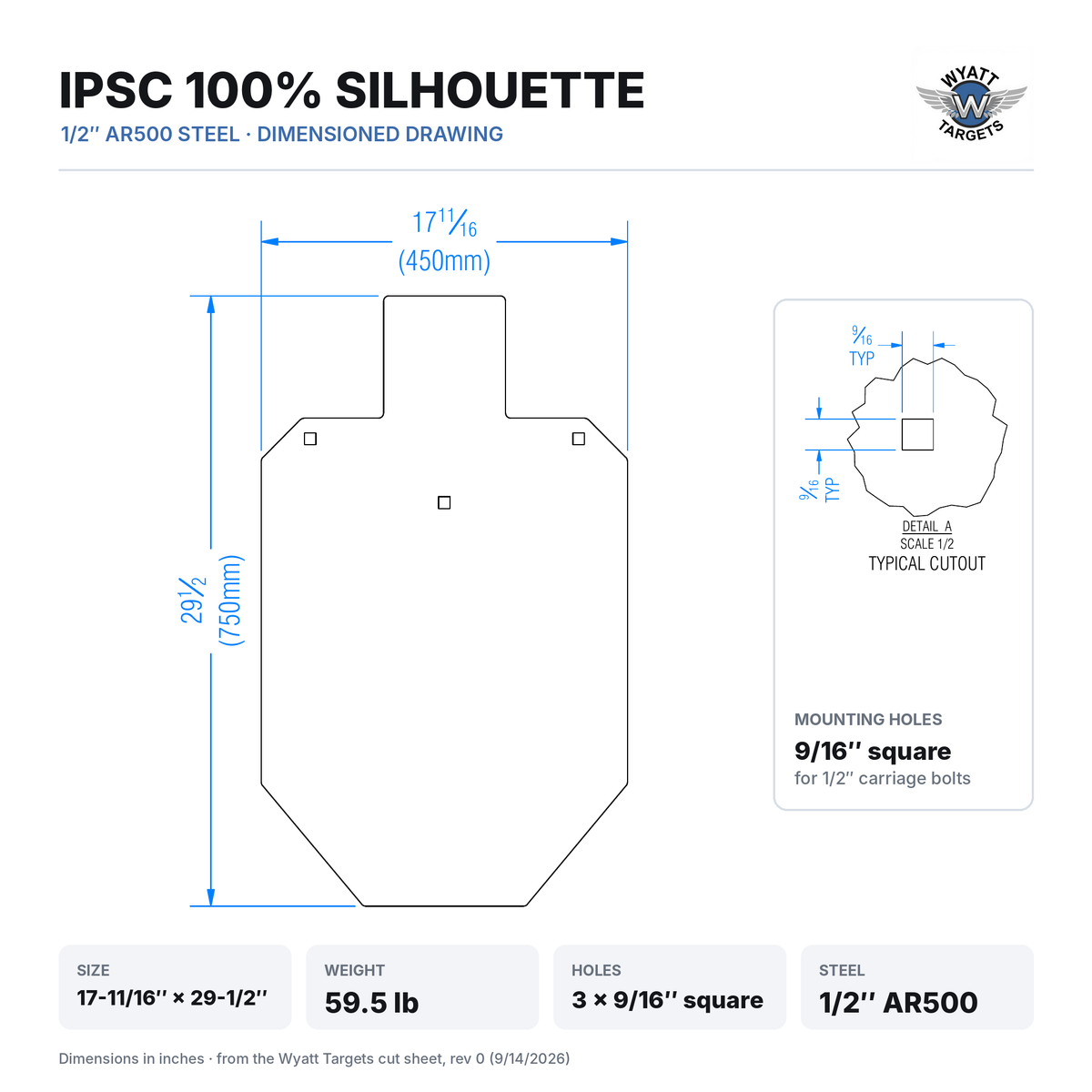 Dimensioned drawing: IPSC 100% silhouette, 17-11/16 x 29-1/2 inches (450 x 750 mm), 59.5 lb, three 9/16-inch square mounting holes, 1/2-inch AR500 steel