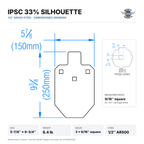 Dimensioned drawing: IPSC 33% silhouette, 5-7/8 x 9-3/4 inches (150 x 250 mm), 6.4 lb, three 9/16-inch square mounting holes, 1/2-inch AR500 steel