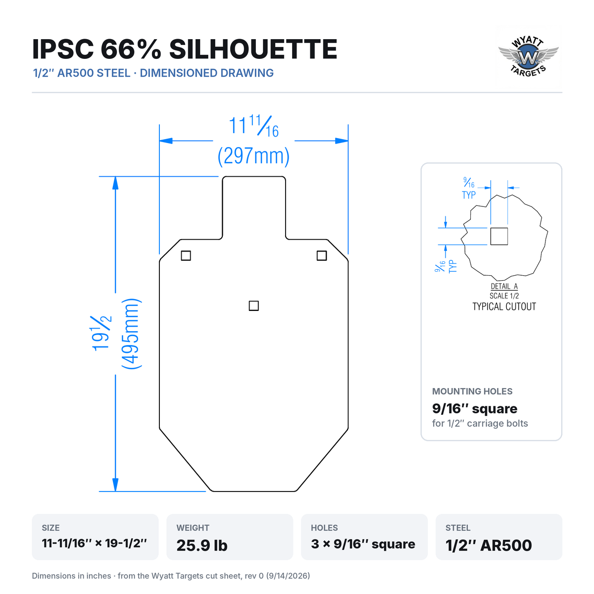 Dimensioned drawing: IPSC 66% silhouette, 11-11/16 x 19-1/2 inches (297 x 495 mm), 25.9 lb, three 9/16-inch square mounting holes, 1/2-inch AR500 steel