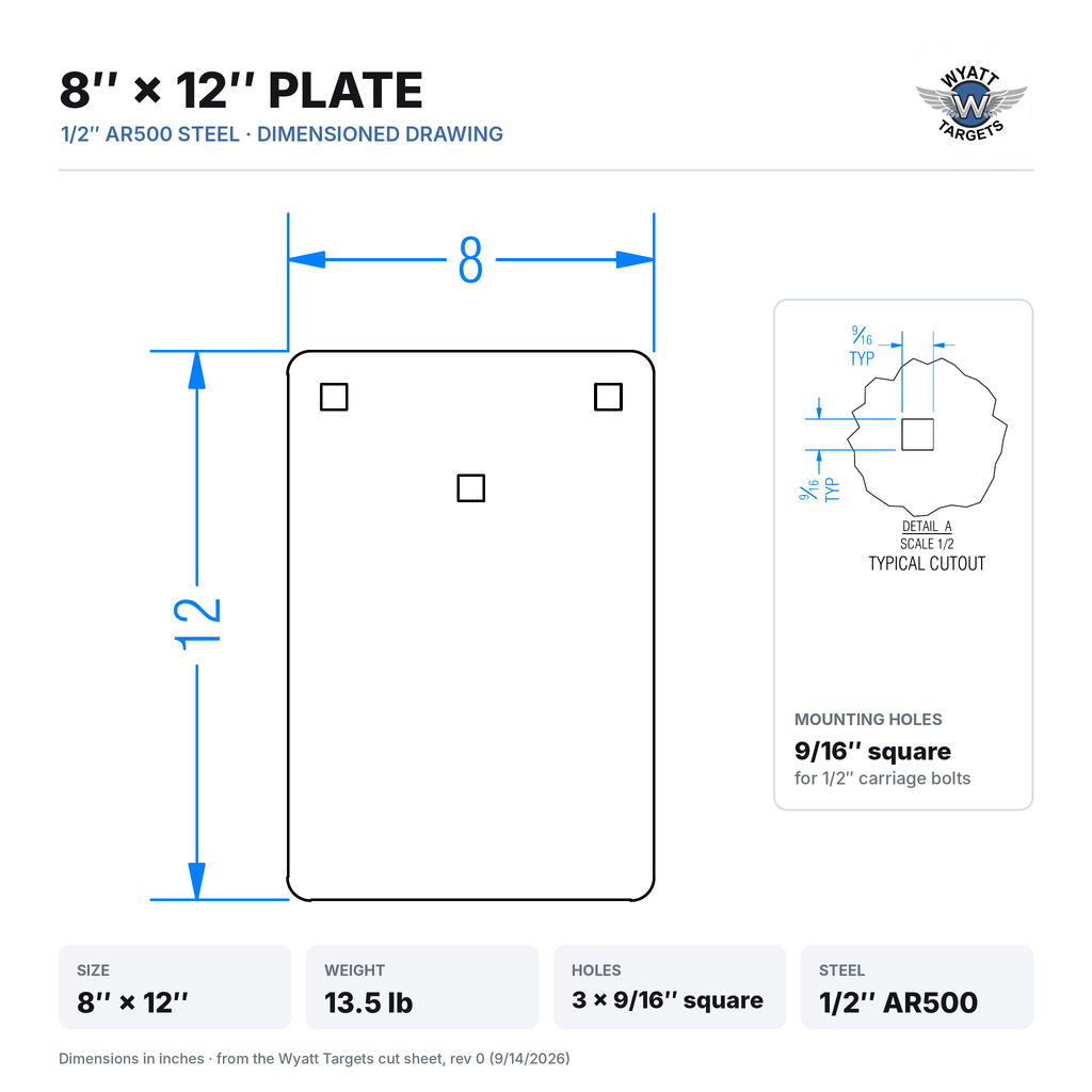 Dimensioned drawing: 8 x 12-inch plate, 13.5 lb, three 9/16-inch square mounting holes, 1/2-inch AR500 steel