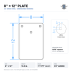 Dimensioned drawing: 8 x 12-inch plate, 13.5 lb, three 9/16-inch square mounting holes, 1/2-inch AR500 steel