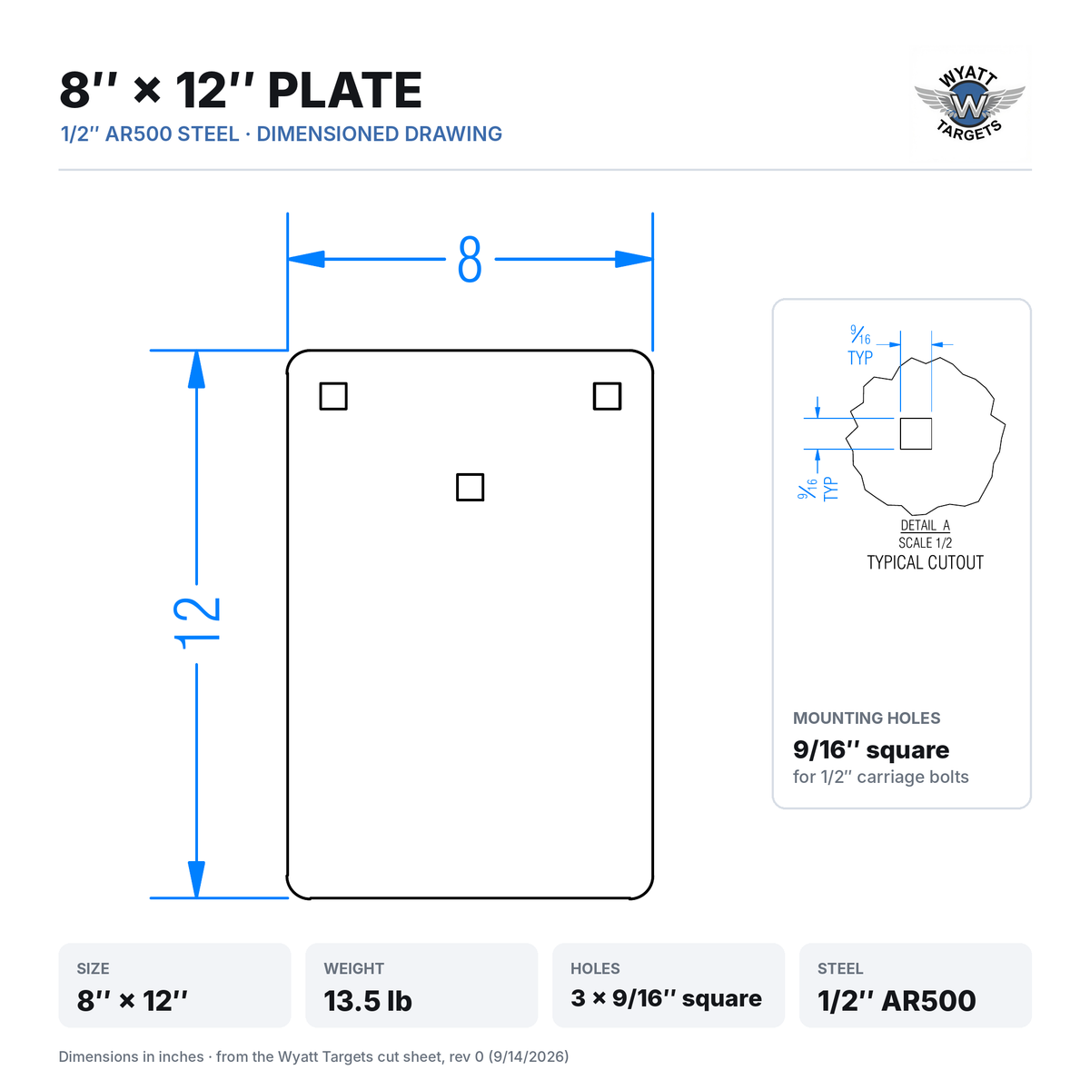 Dimensioned drawing: 8 x 12-inch plate, 13.5 lb, three 9/16-inch square mounting holes, 1/2-inch AR500 steel
