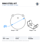 Dimensioned drawing: Ring Steel Kit, 8-inch gong and T-post hanger shown to the same scale, 9.0 lb total, hardware included