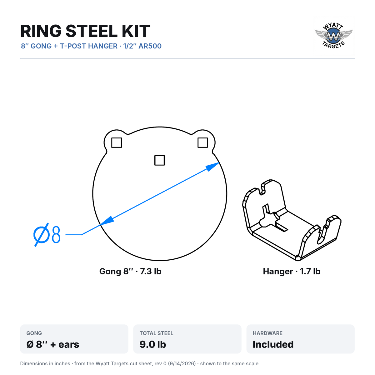 Dimensioned drawing: Ring Steel Kit, 8-inch gong and T-post hanger shown to the same scale, 9.0 lb total, hardware included