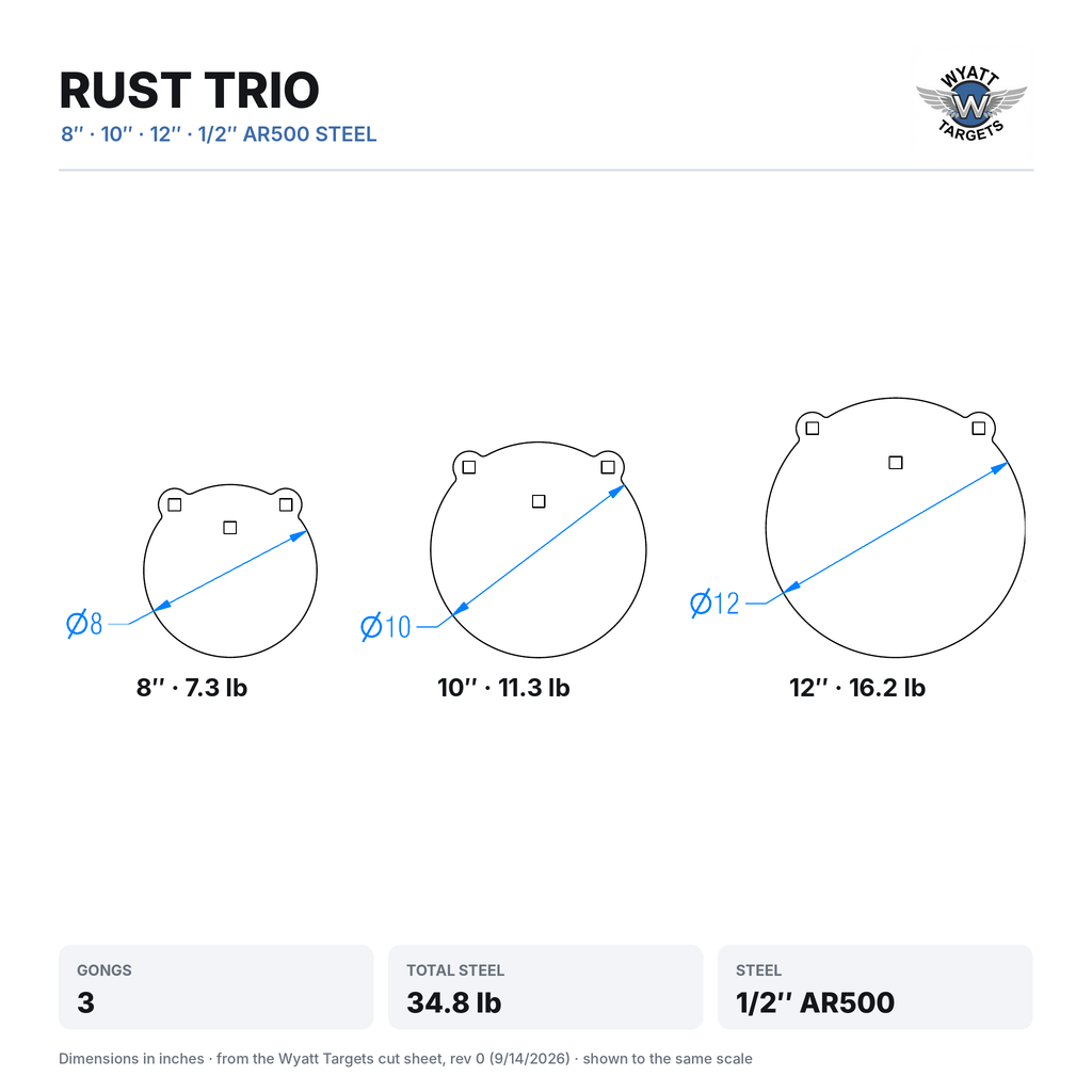 Dimensioned drawing: Rust Trio, 8, 10 and 12-inch gongs shown to the same scale, 34.8 lb total, 1/2-inch AR500 steel