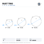 Dimensioned drawing: Rust Trio, 8, 10 and 12-inch gongs shown to the same scale, 34.8 lb total, 1/2-inch AR500 steel