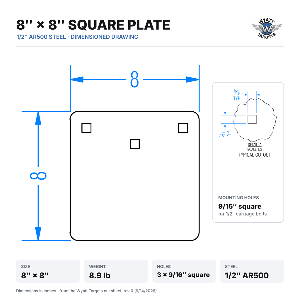 Dimensioned drawing: 8 x 8-inch square plate, 8.9 lb, three 9/16-inch square mounting holes, 1/2-inch AR500 steel