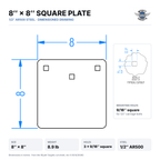 Dimensioned drawing: 8 x 8-inch square plate, 8.9 lb, three 9/16-inch square mounting holes, 1/2-inch AR500 steel
