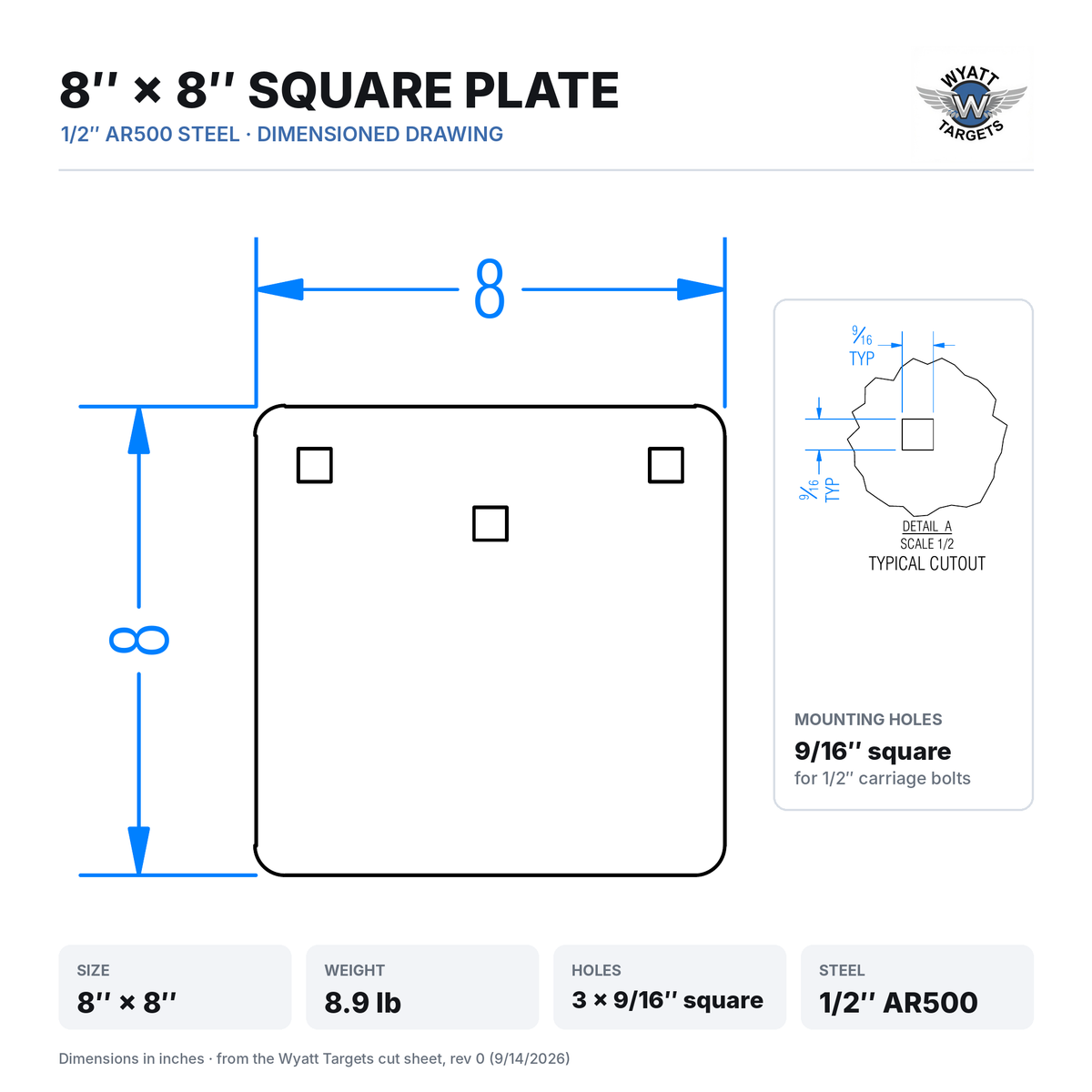 Dimensioned drawing: 8 x 8-inch square plate, 8.9 lb, three 9/16-inch square mounting holes, 1/2-inch AR500 steel
