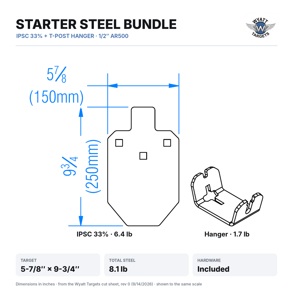 Dimensioned drawing: Starter Steel Bundle, IPSC 33% silhouette 5-7/8 x 9-3/4 inches and T-post hanger, shown to the same scale, 8.1 lb total