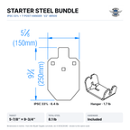 Dimensioned drawing: Starter Steel Bundle, IPSC 33% silhouette 5-7/8 x 9-3/4 inches and T-post hanger, shown to the same scale, 8.1 lb total