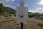 33% IPSC silhouette, white paint, hanging on a T-post at the range