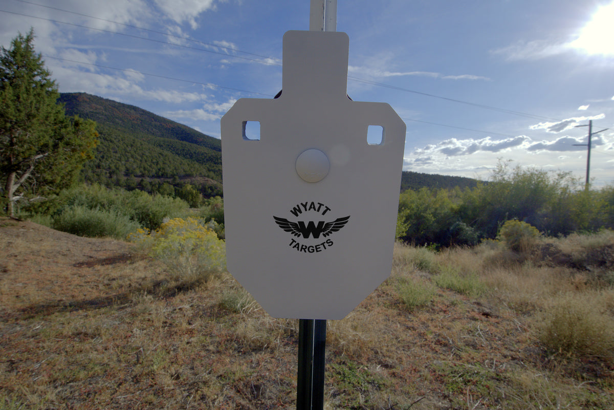 33% IPSC silhouette, white paint, hanging on a T-post at the range
