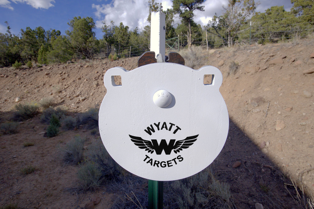 8-inch white AR500 gong hanging on a T-post hanger at the range