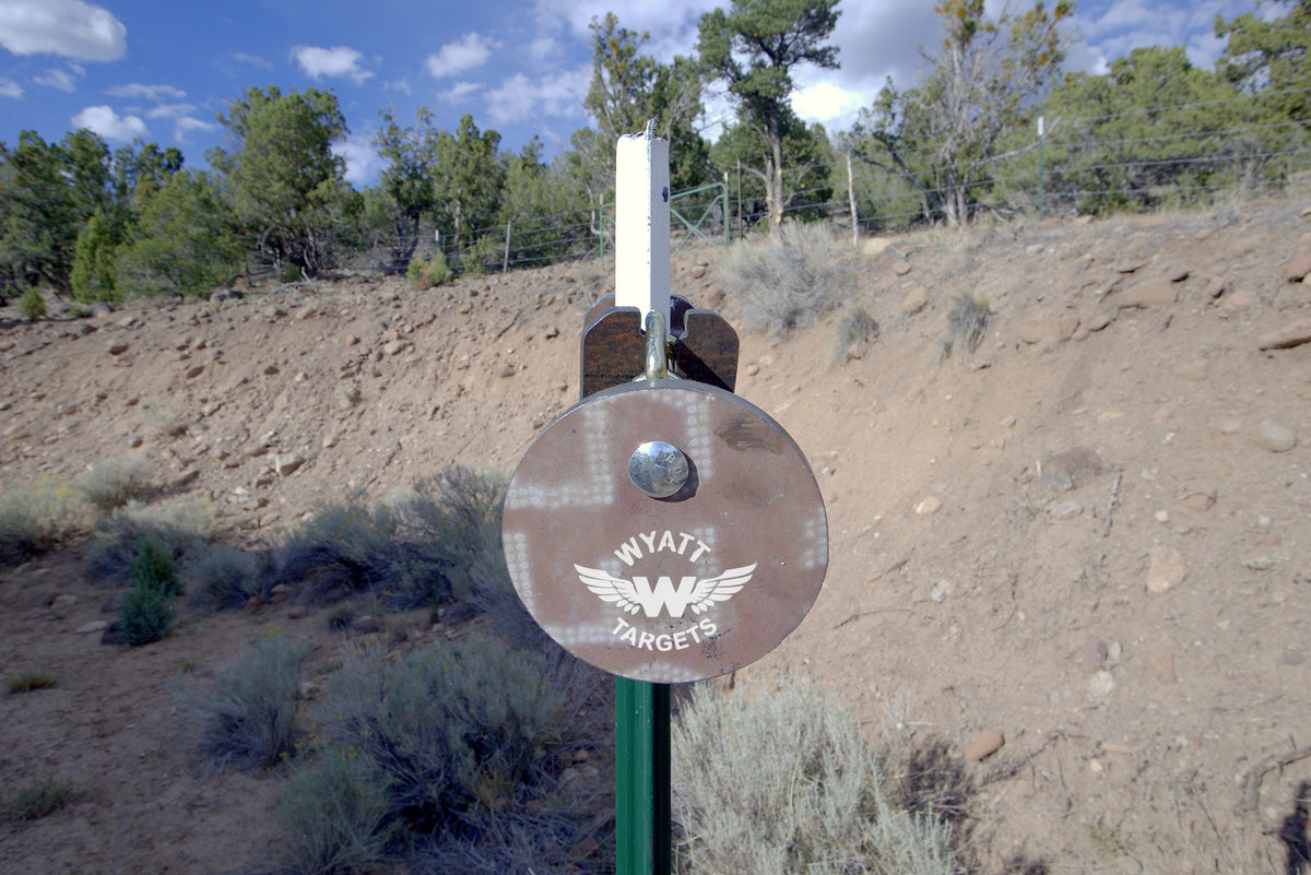 6-inch Surface Rust AR500 gong on a T-post hanger at the range