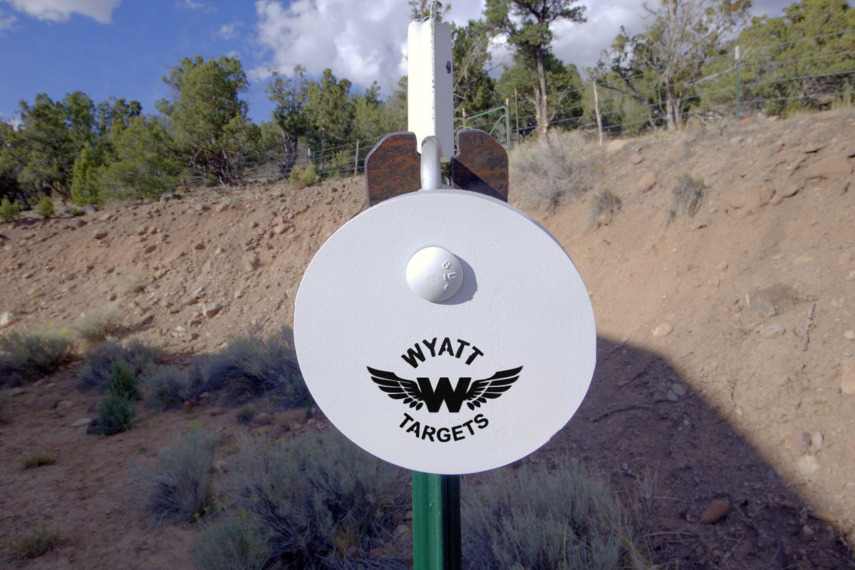 6-inch white AR500 gong hanging on a T-post hanger at the range