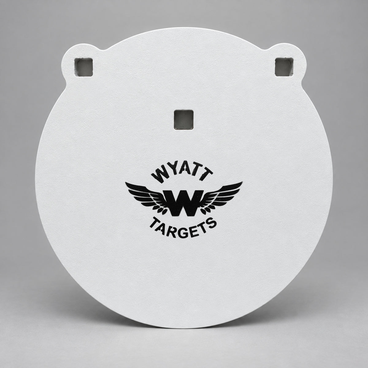10-inch gong, 1/2-inch AR500 steel, white paint, three 9/16-inch square mounting holes, two ears