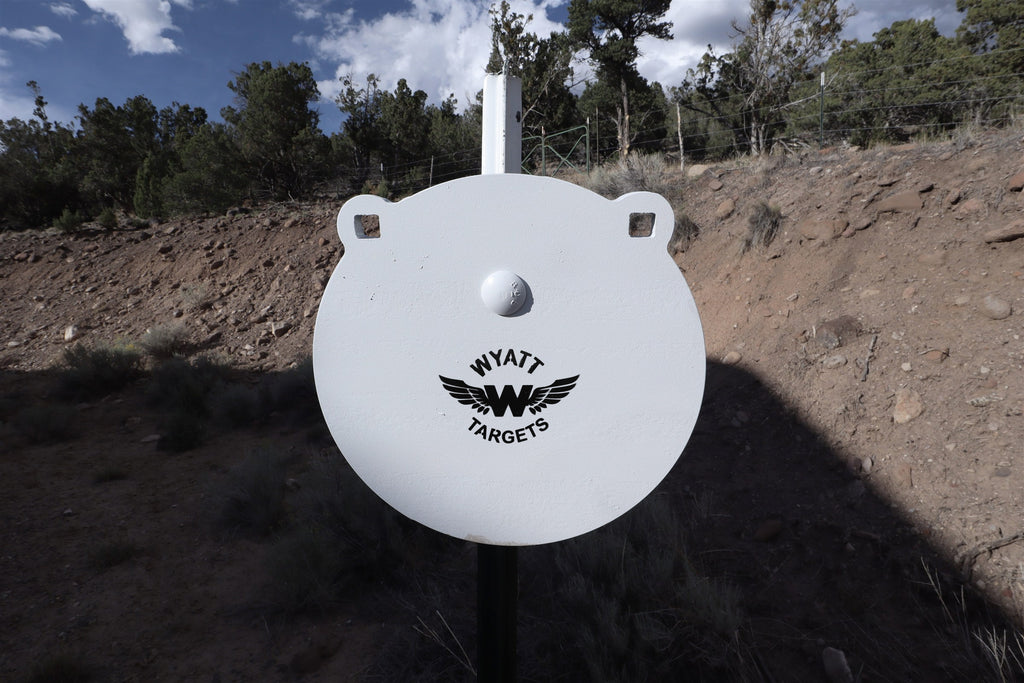 10-inch gong, 1/2-inch AR500 steel, white paint, three 9/16-inch square mounting holes, two ears, mounted on a T-post