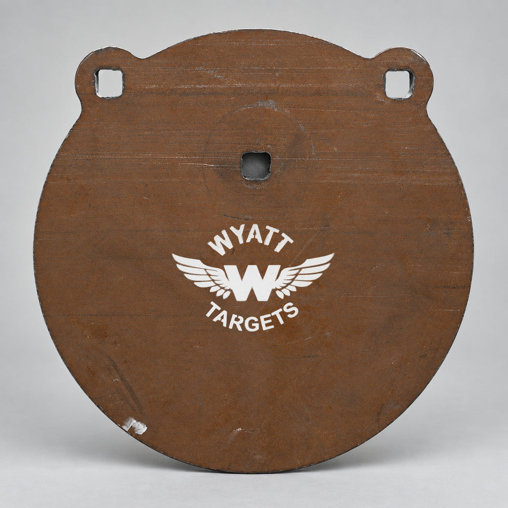 10-inch gong, 1/2-inch AR500 steel, surface rust, three 9/16-inch square mounting holes, two ears