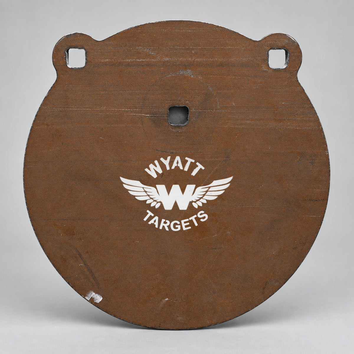 10-inch gong, 1/2-inch AR500 steel, surface rust, three 9/16-inch square mounting holes, two ears