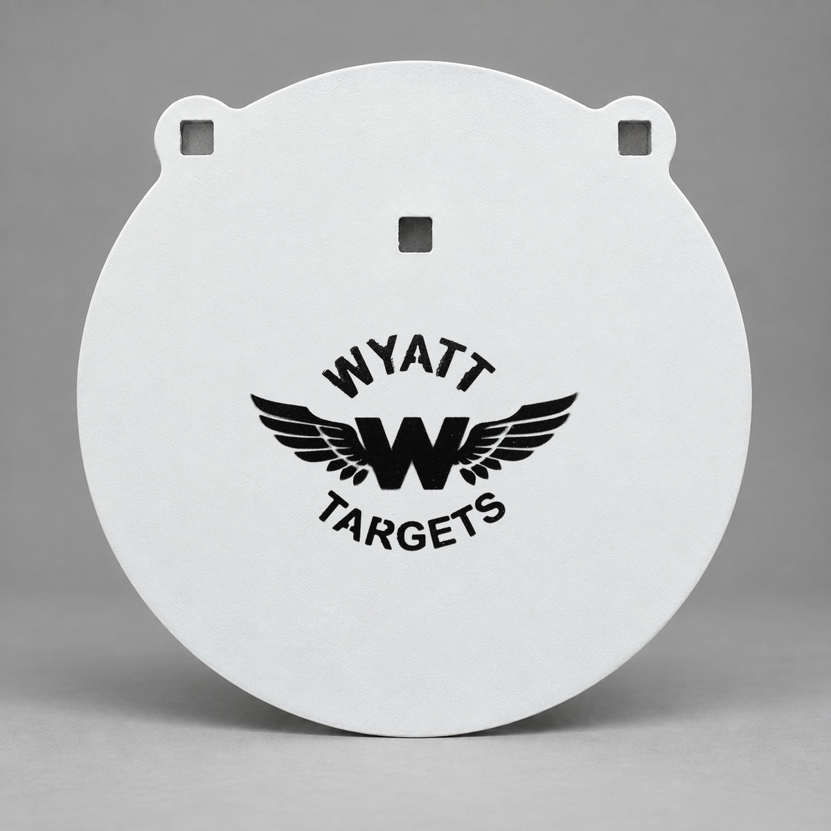 12-inch gong, 1/2-inch AR500 steel, white paint, three 9/16-inch square mounting holes, two ears