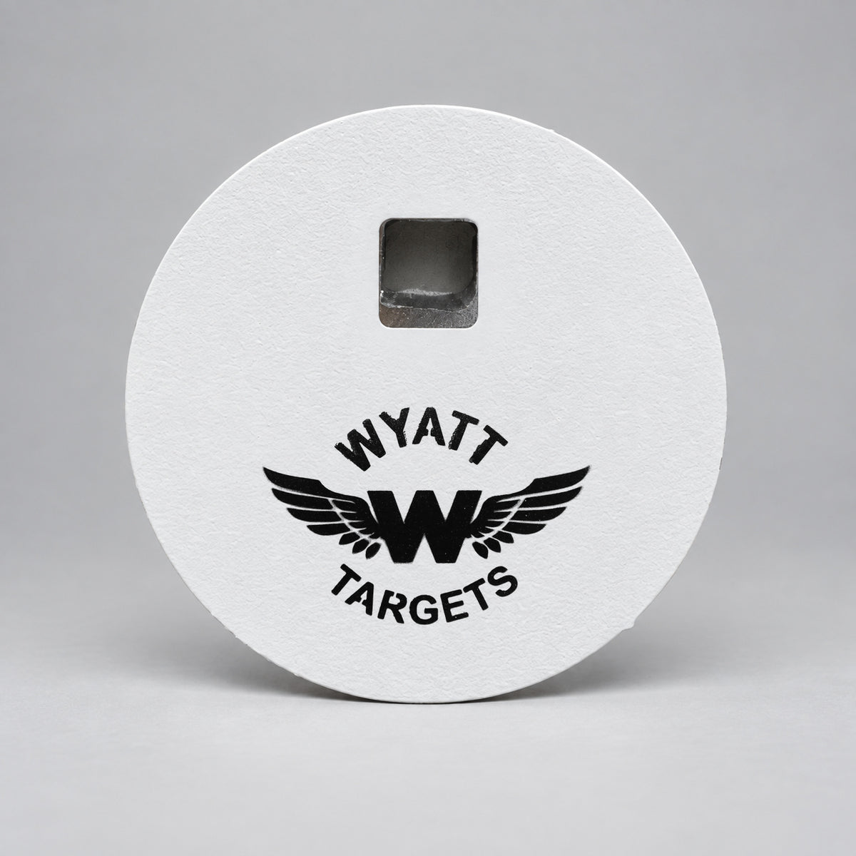4-inch gong, 1/2-inch AR500 steel, white paint, one 9/16-inch square center hole, no ears