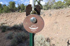 4-inch gong, 1/2-inch AR500 steel, surface rust, one 9/16-inch square center hole, no ears, mounted on a T-post