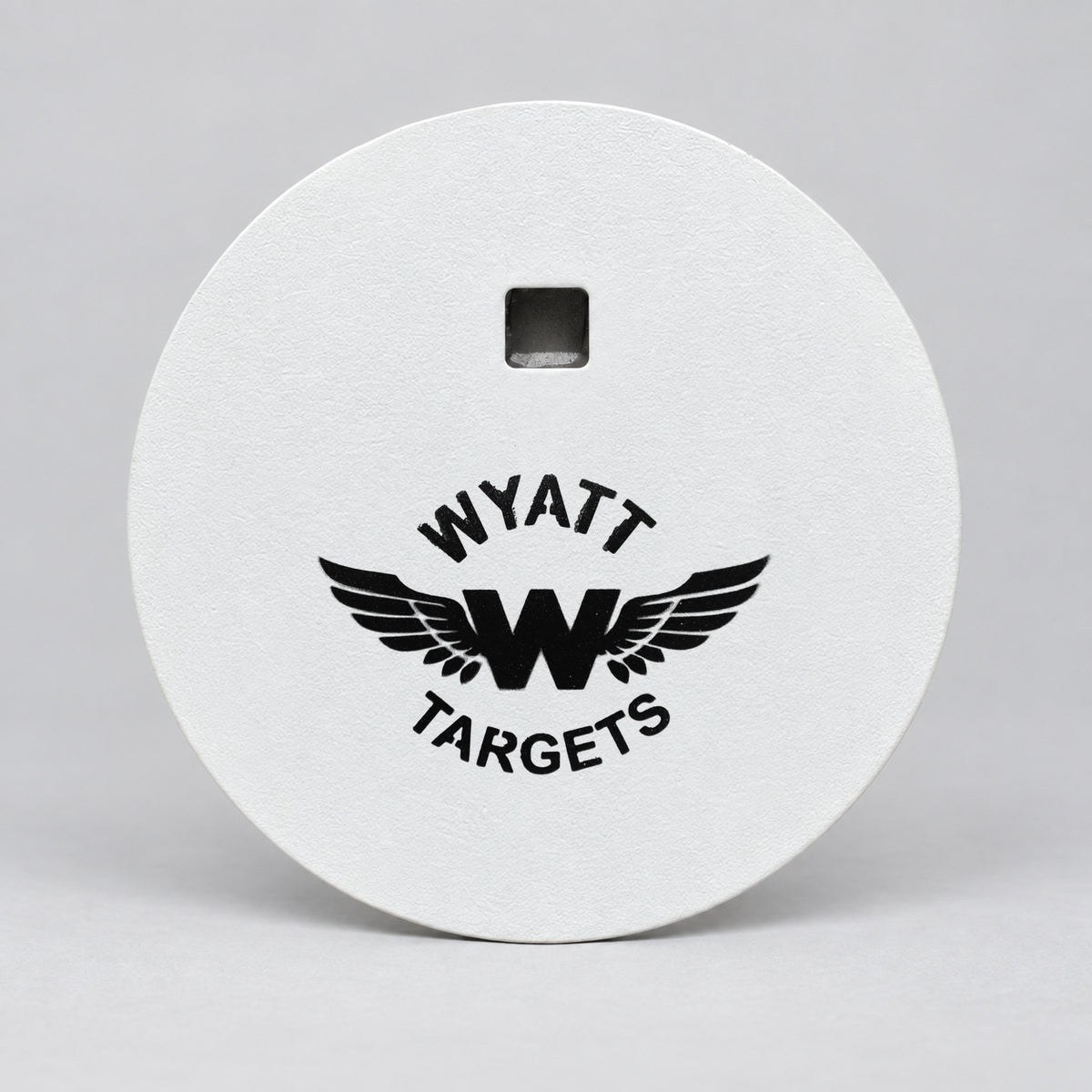 6-inch gong, 1/2-inch AR500 steel, white paint, one 9/16-inch square center hole, no ears