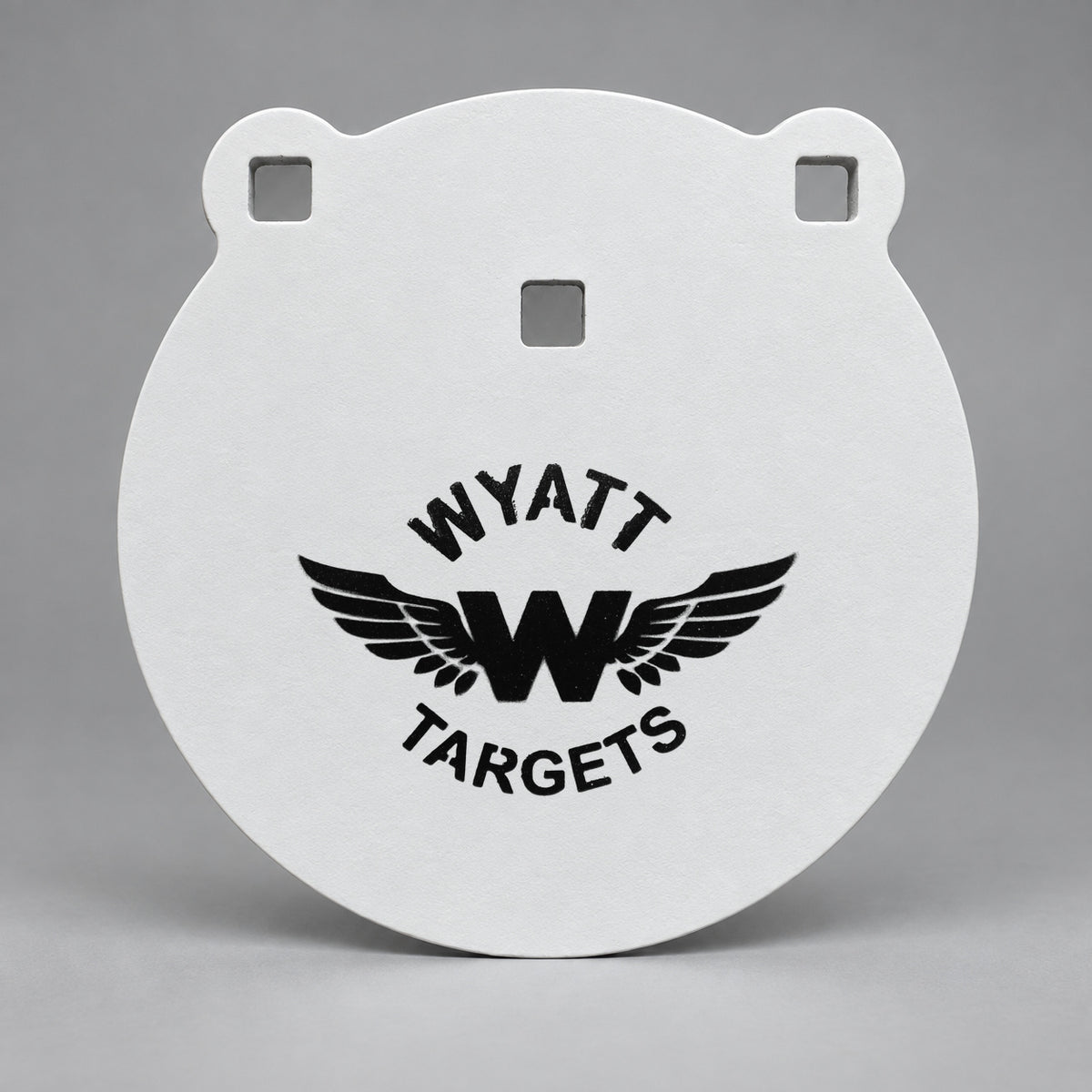 8-inch gong, 1/2-inch AR500 steel, white paint, three 9/16-inch square mounting holes, two ears