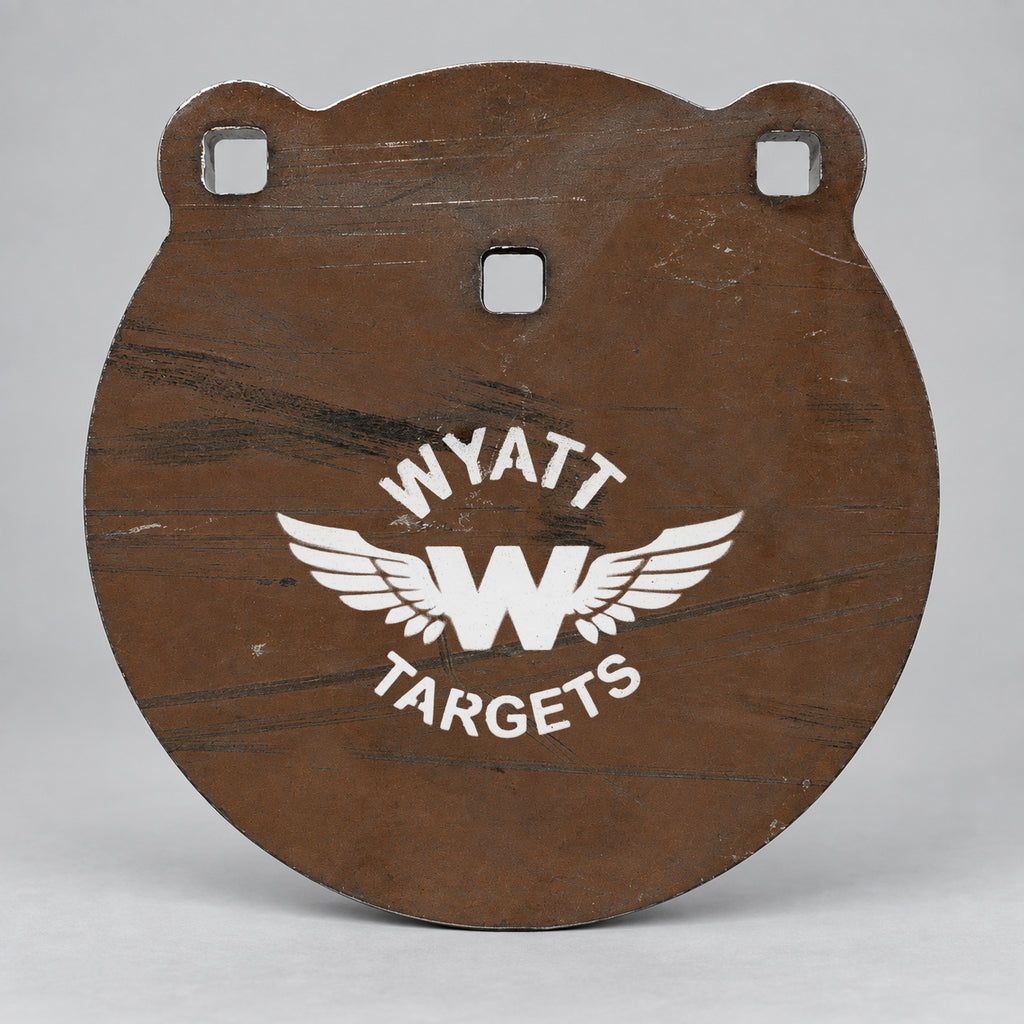 8-inch gong, 1/2-inch AR500 steel, surface rust, three 9/16-inch square mounting holes, two ears