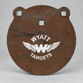 8-inch gong, 1/2-inch AR500 steel, surface rust, three 9/16-inch square mounting holes, two ears