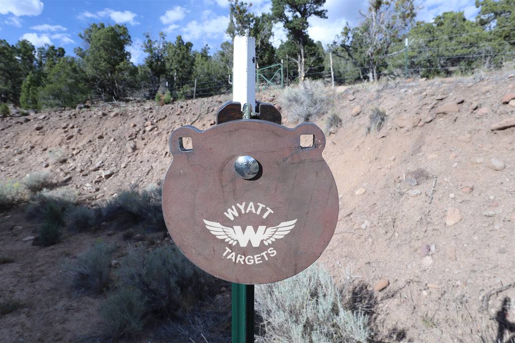 8-inch gong, 1/2-inch AR500 steel, surface rust, three 9/16-inch square mounting holes, two ears, mounted on a T-post
