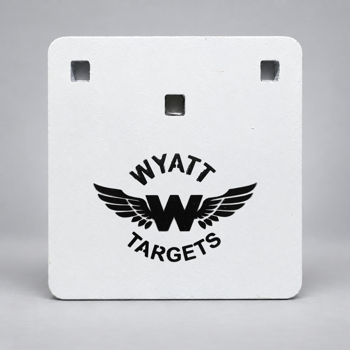 8 by 8-inch square plate, 1/2-inch AR500 steel, white paint, three 9/16-inch square mounting holes