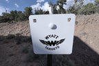 8 by 8-inch square plate, 1/2-inch AR500 steel, white paint, three 9/16-inch square mounting holes, mounted on a T-post