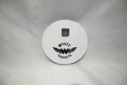 4-inch gong, 1/2-inch AR500 steel, white paint, one 9/16-inch square center hole, no ears, original studio view; individual included component