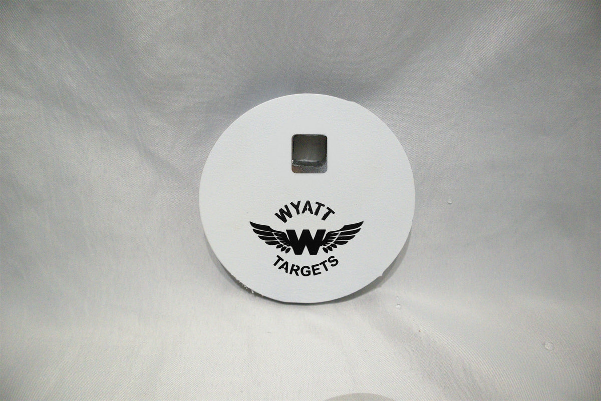 4-inch gong, 1/2-inch AR500 steel, white paint, one 9/16-inch square center hole, no ears, original studio view; individual included component