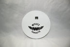 6-inch gong, 1/2-inch AR500 steel, white paint, one 9/16-inch square center hole, no ears, original studio view; individual included component